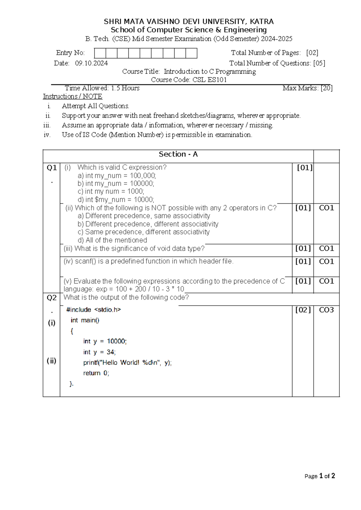 C Programming Mid Semester 2024 - SHRI MATA VAISHNO DEVI UNIVERSITY ...