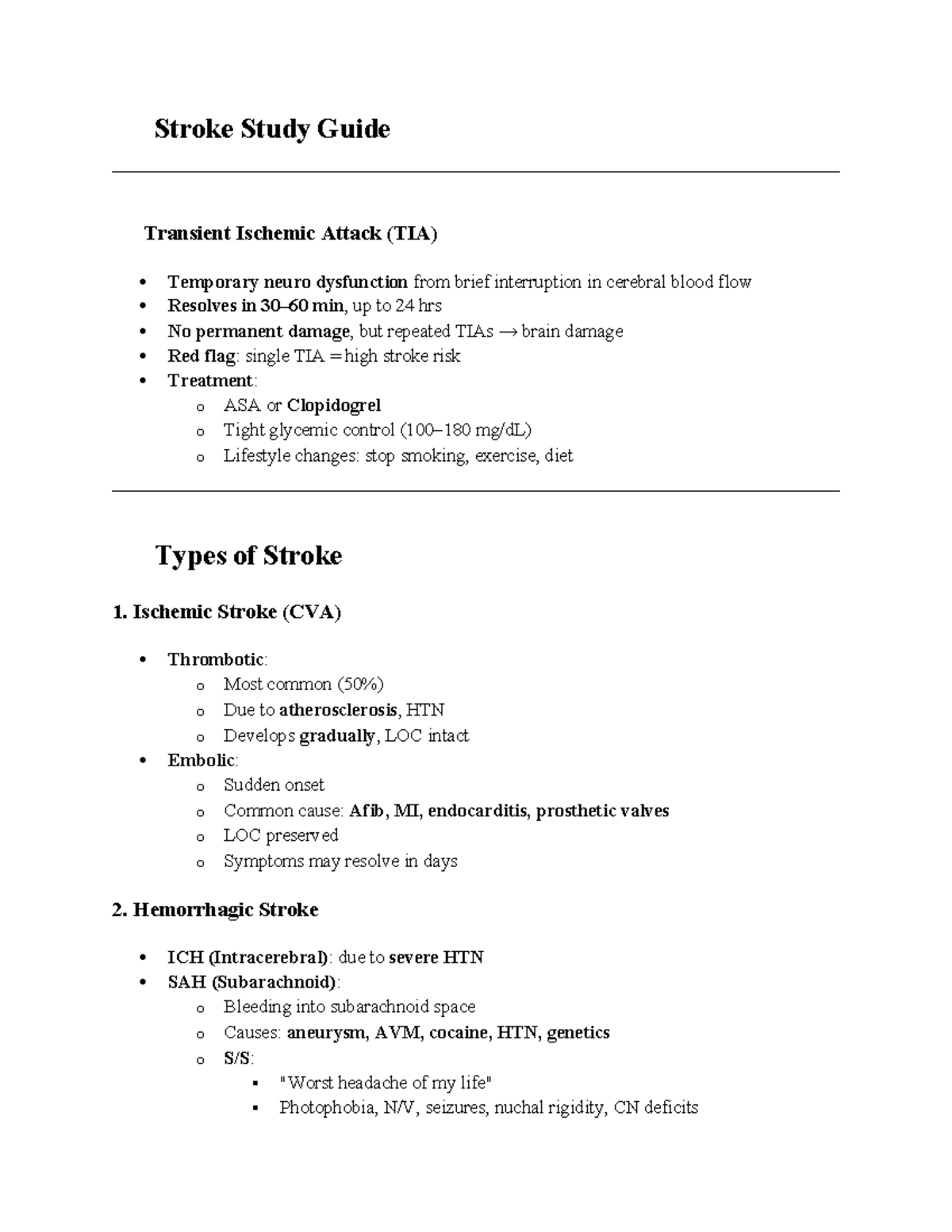 Stroke Study Guide - Notes - 🧠 Stroke Study Guide 🕒 Transient Ischemic Attack (TIA) Temporary ...