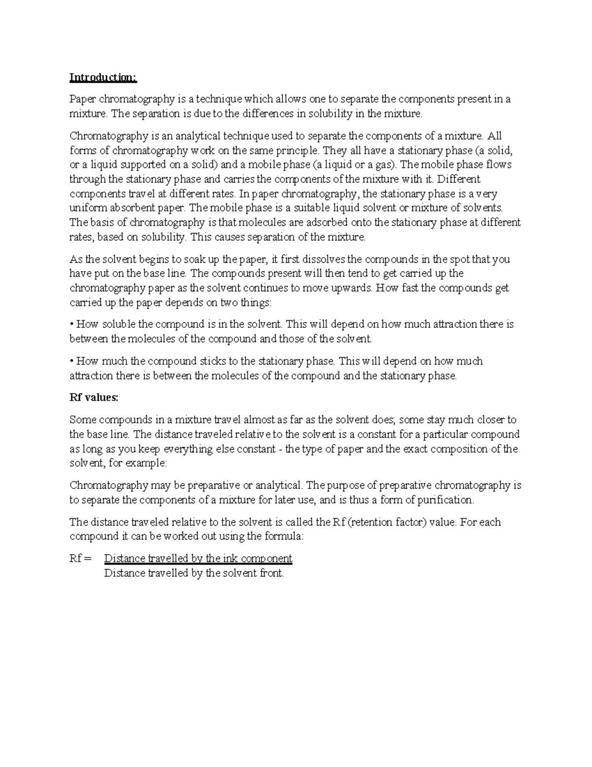 Lab Report: Chromatography and Ink Component Separation (CHEM 101 ...