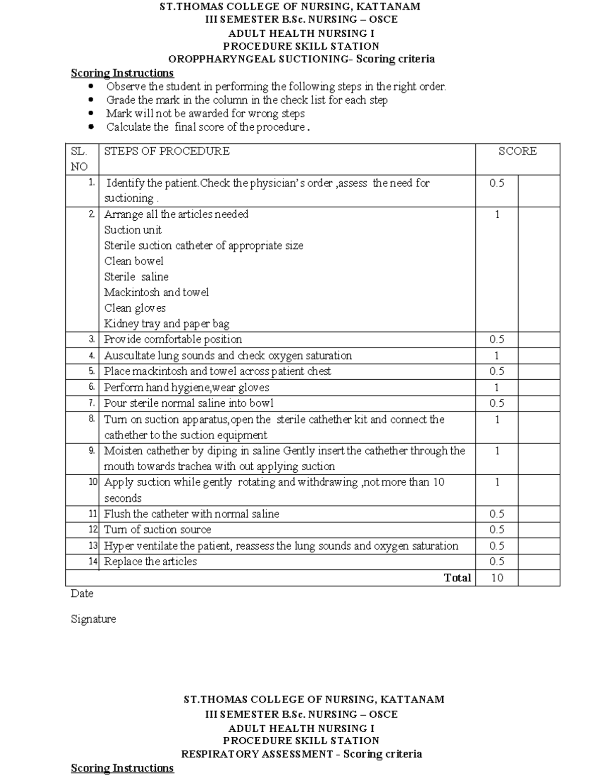 B.Sc. Nursing III Sem OSCE Procedure Checklist: Adult Health Skills - Document Preview
