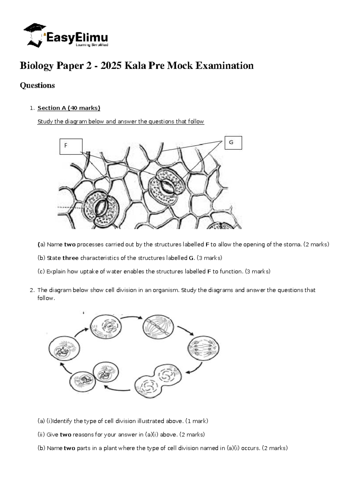 Biology Paper 2 - 2025 Kala Pre Mock Exam Questions and Answers - Studocu