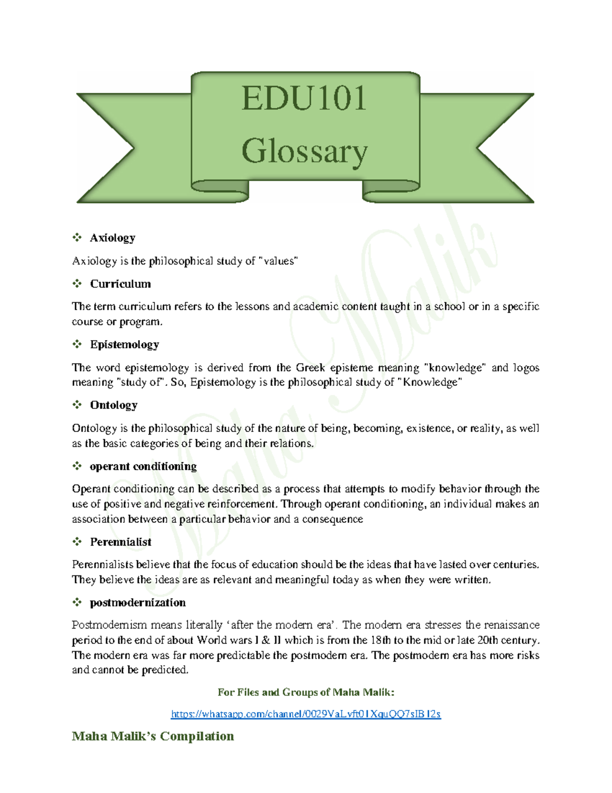 EDU101 - Axiology, Epistemology, and Ontology Glossary - Studocu