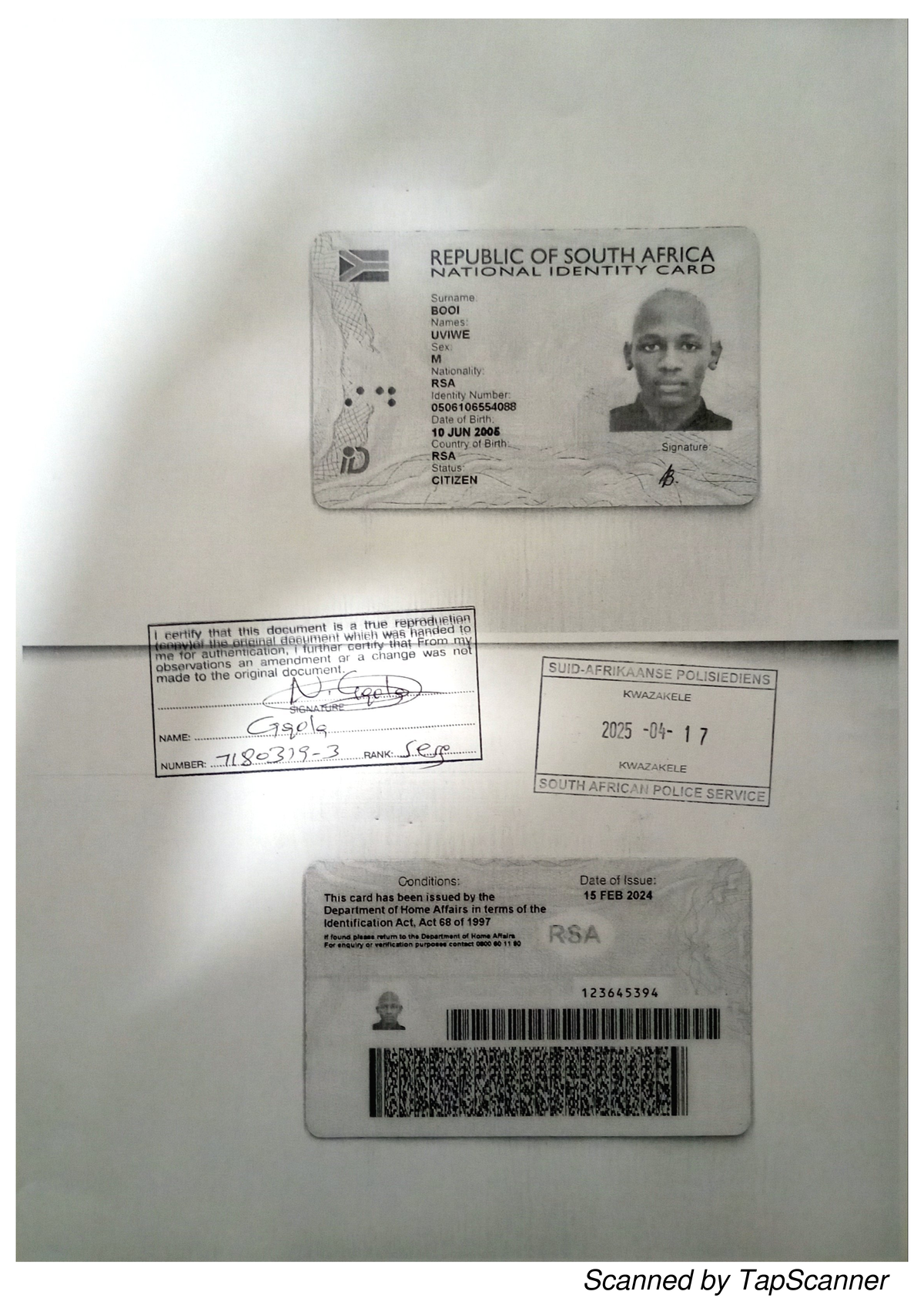 RSA National Identity Card - UVIWE BOOI (ID No: 0506106554088) - Studocu