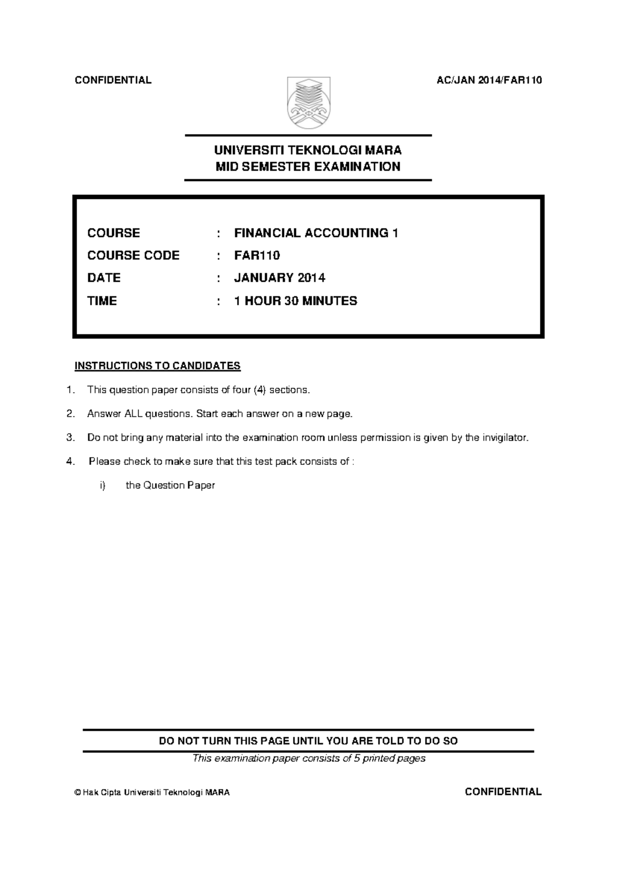 CT FAR 110 Jan 2014 - Mid Semester Exam Questions for Financial ...