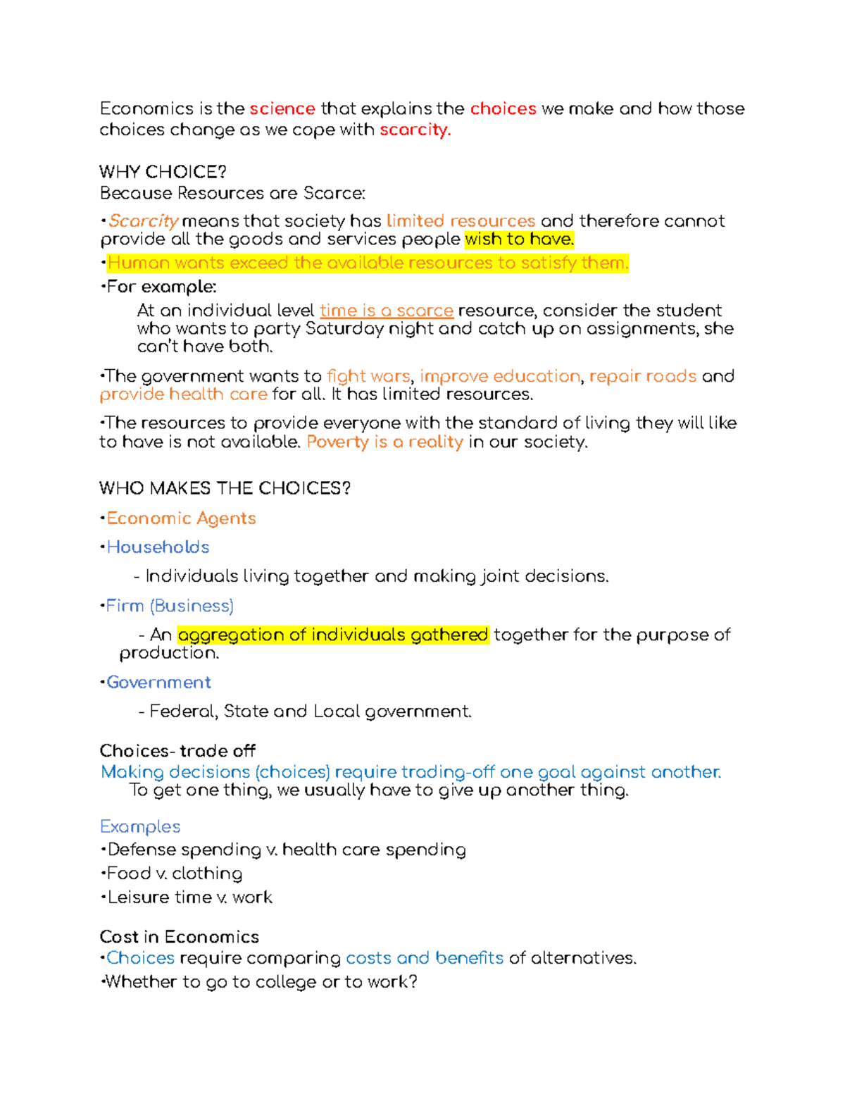 Micro Econ Chapter 1 - Notes on Scarcity and Choices - Studocu