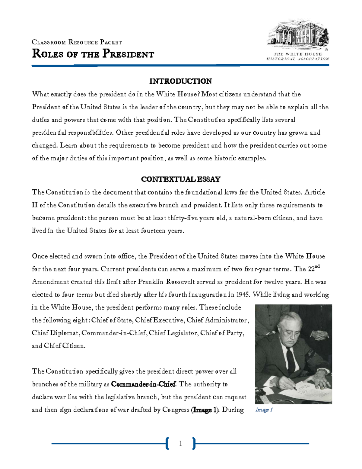 CRP Classroom Resource Packet: Understanding Presidential Roles - Studocu