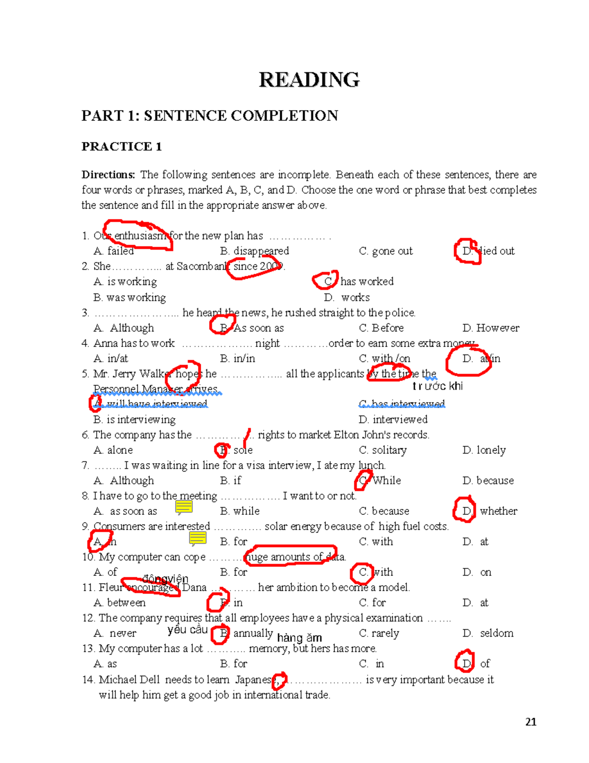 Sentence Completion Practice Exercises - English 101 - Studocu