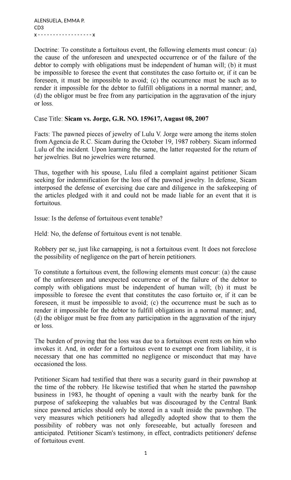 CD3 - Alensuela: Case Studies on Fortuitous Events and Liability - Studocu