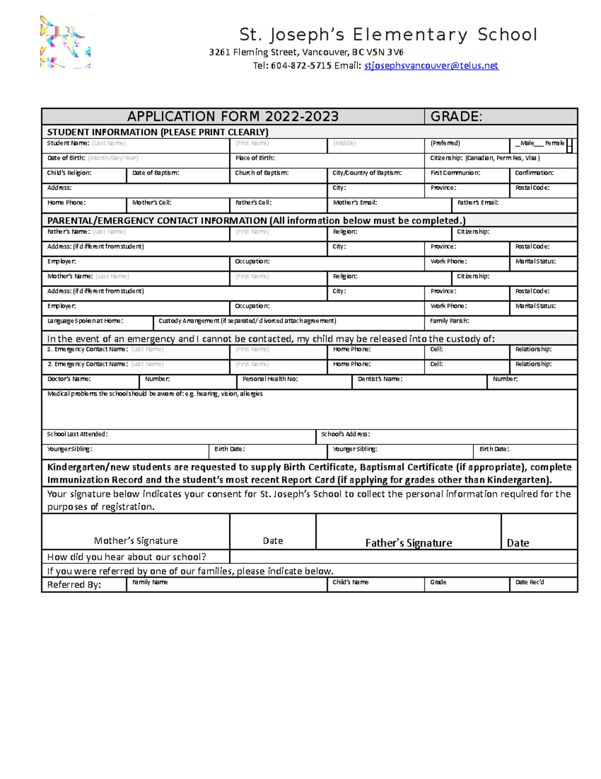 Application Form 2022-23 - St. Joseph’s E l e m e n t a r y School 3261 ...