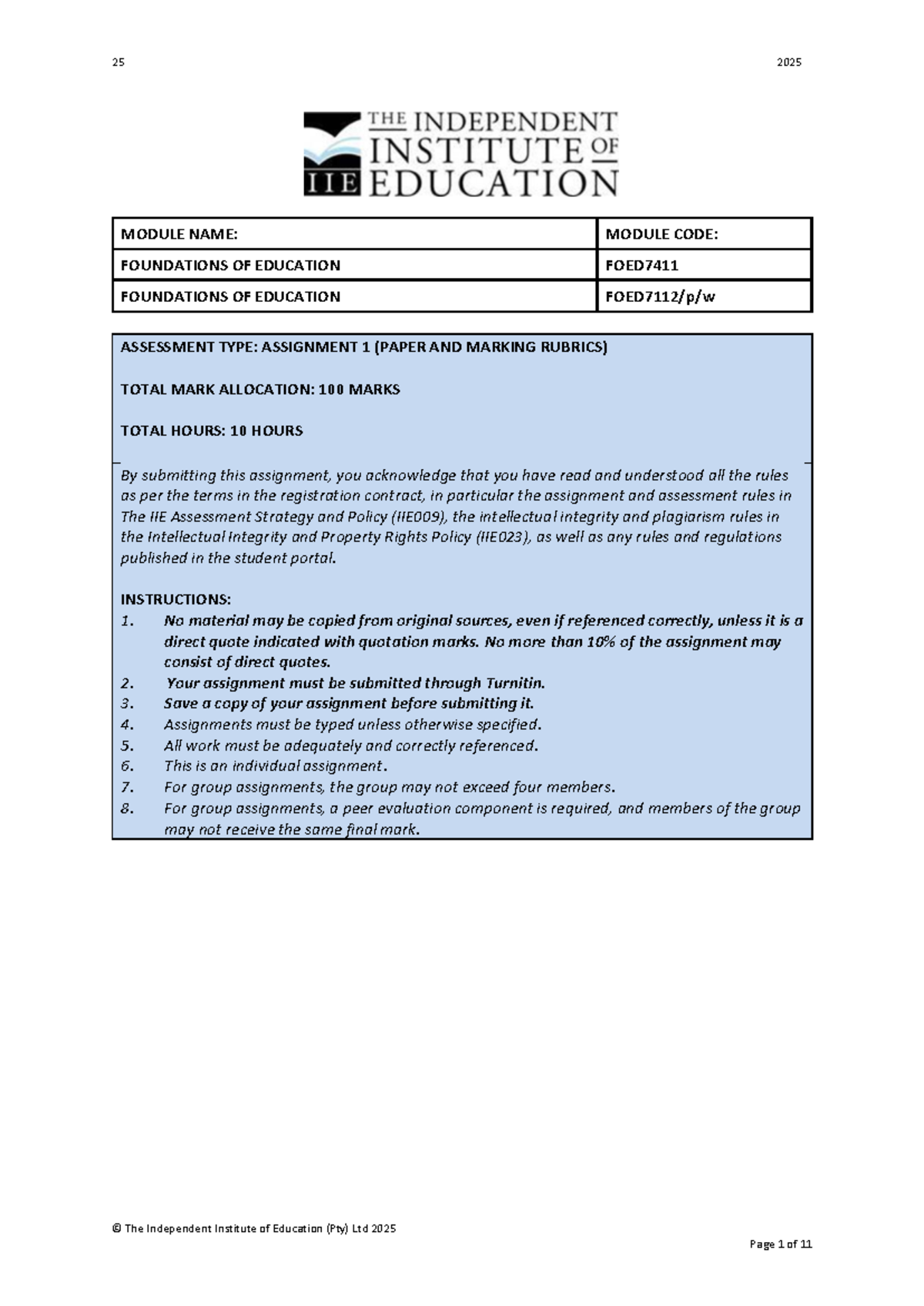 FOED7411 A1 - Foundations of Education Assignment 1 Guidelines - Studocu