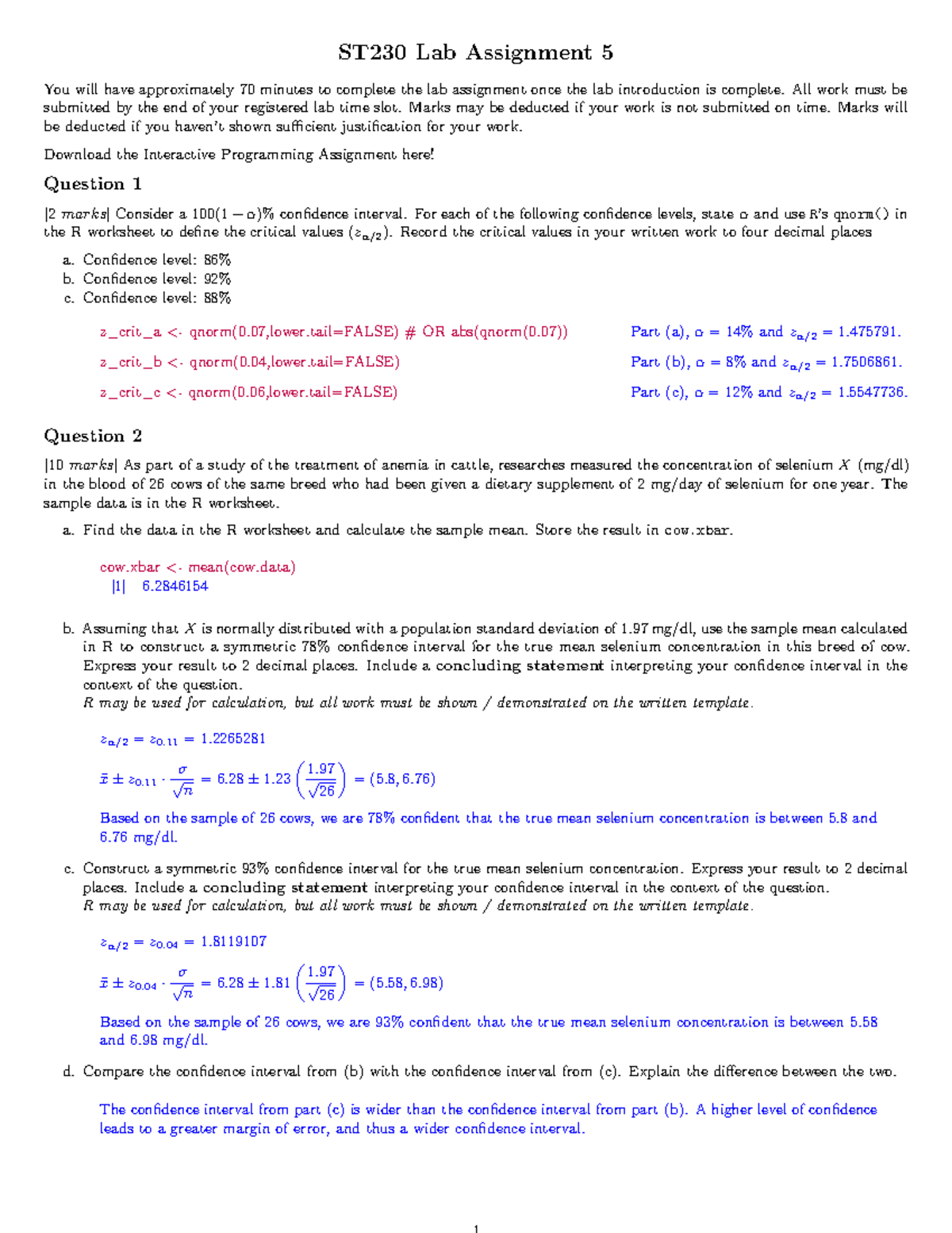 ST230 Lab Assignment 5: Solutions and Confidence Intervals Analysis ...