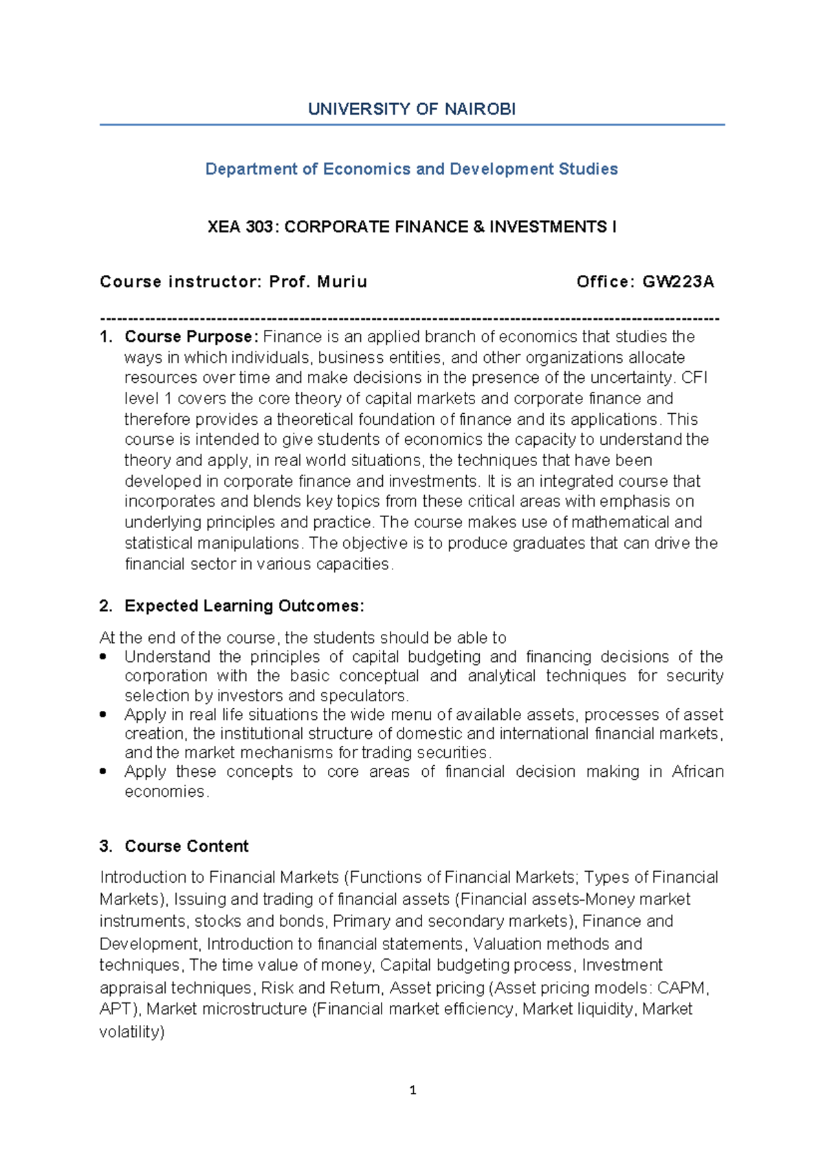 XEA 303: Corporate Finance & Investments I Course Outline - Studocu