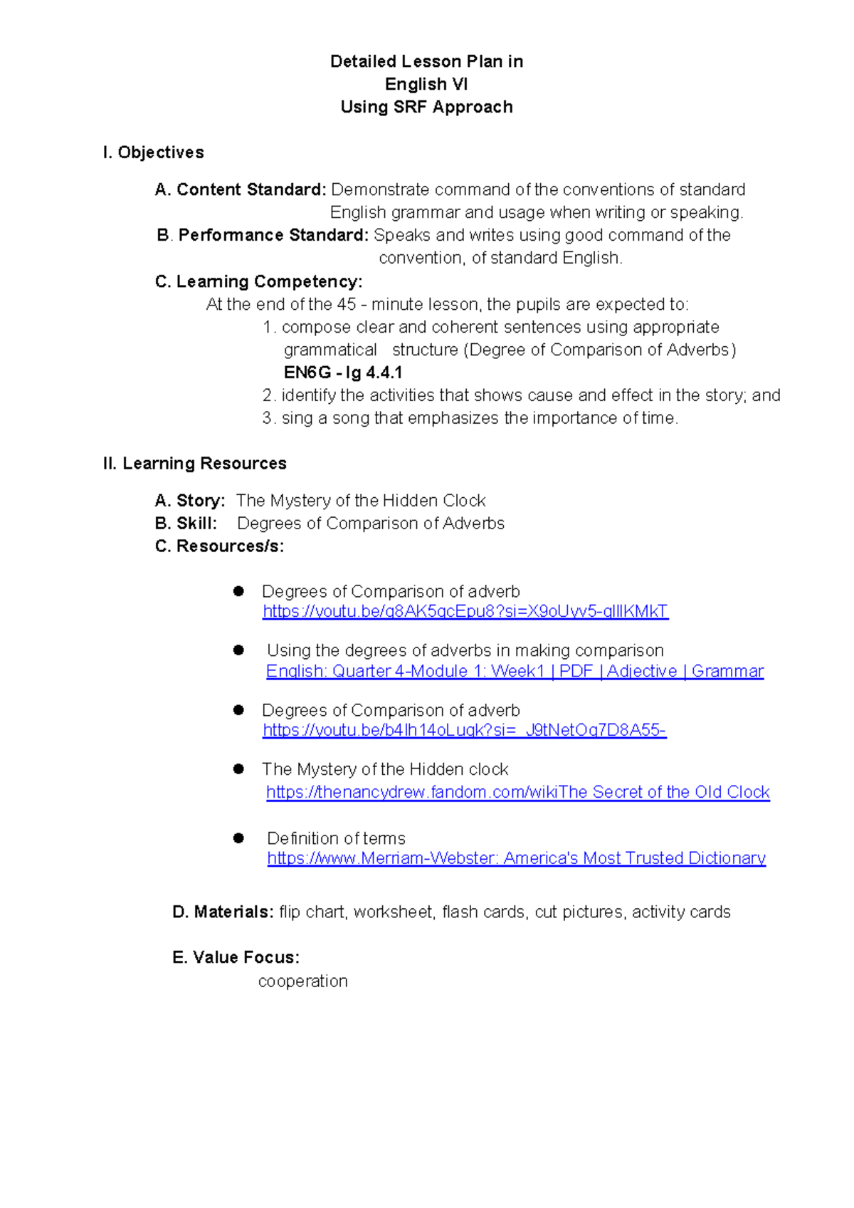 Final Lesson Plan for English VI: Exploring Adverbs Using SRF Approach ...