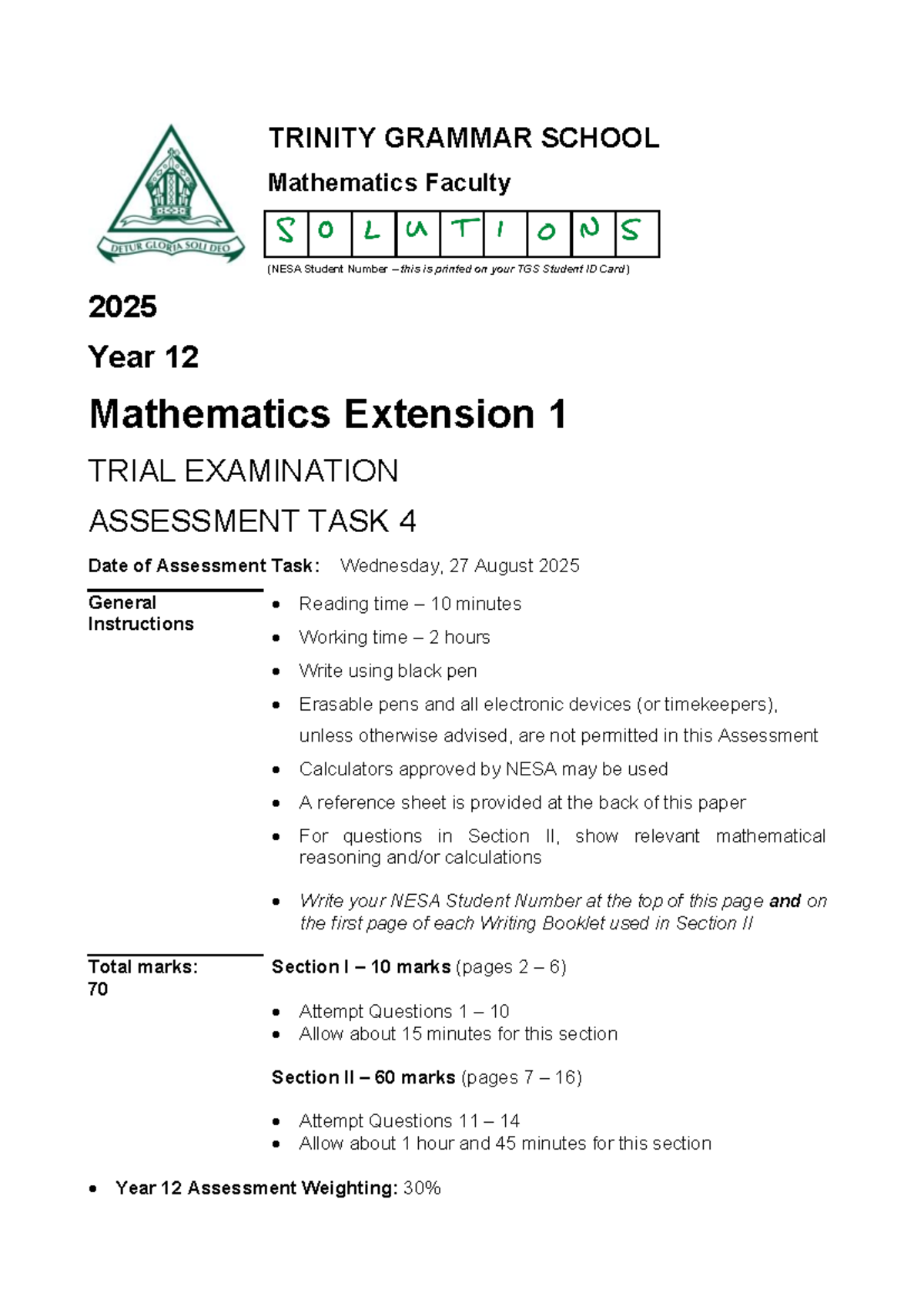 2025 HSC 12MAX Mathematics Extension 1 Trial Exam Solutions - Studocu