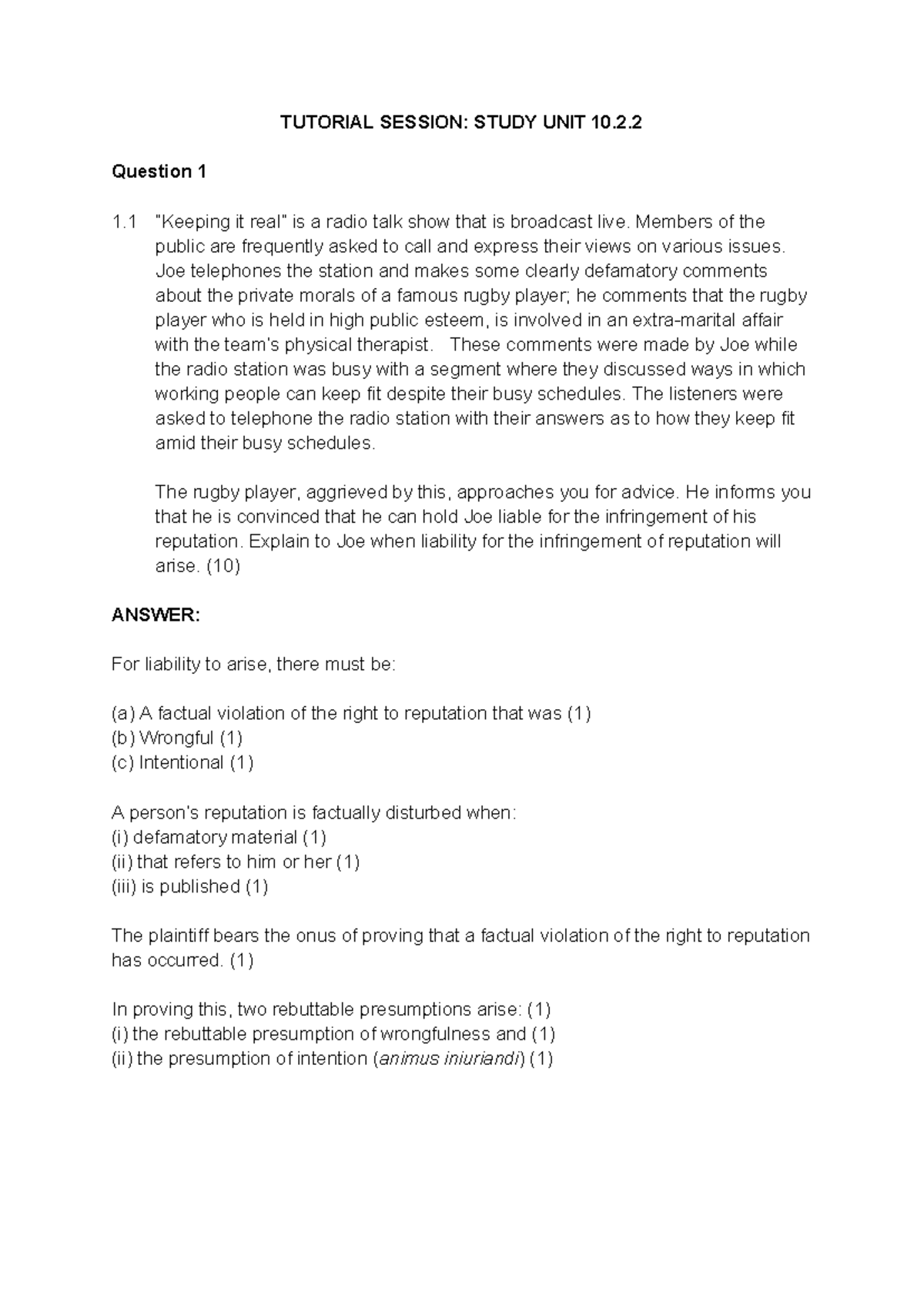 Study Unit 10 - Lecture Summaries & Defamation Liability Insights - Studocu