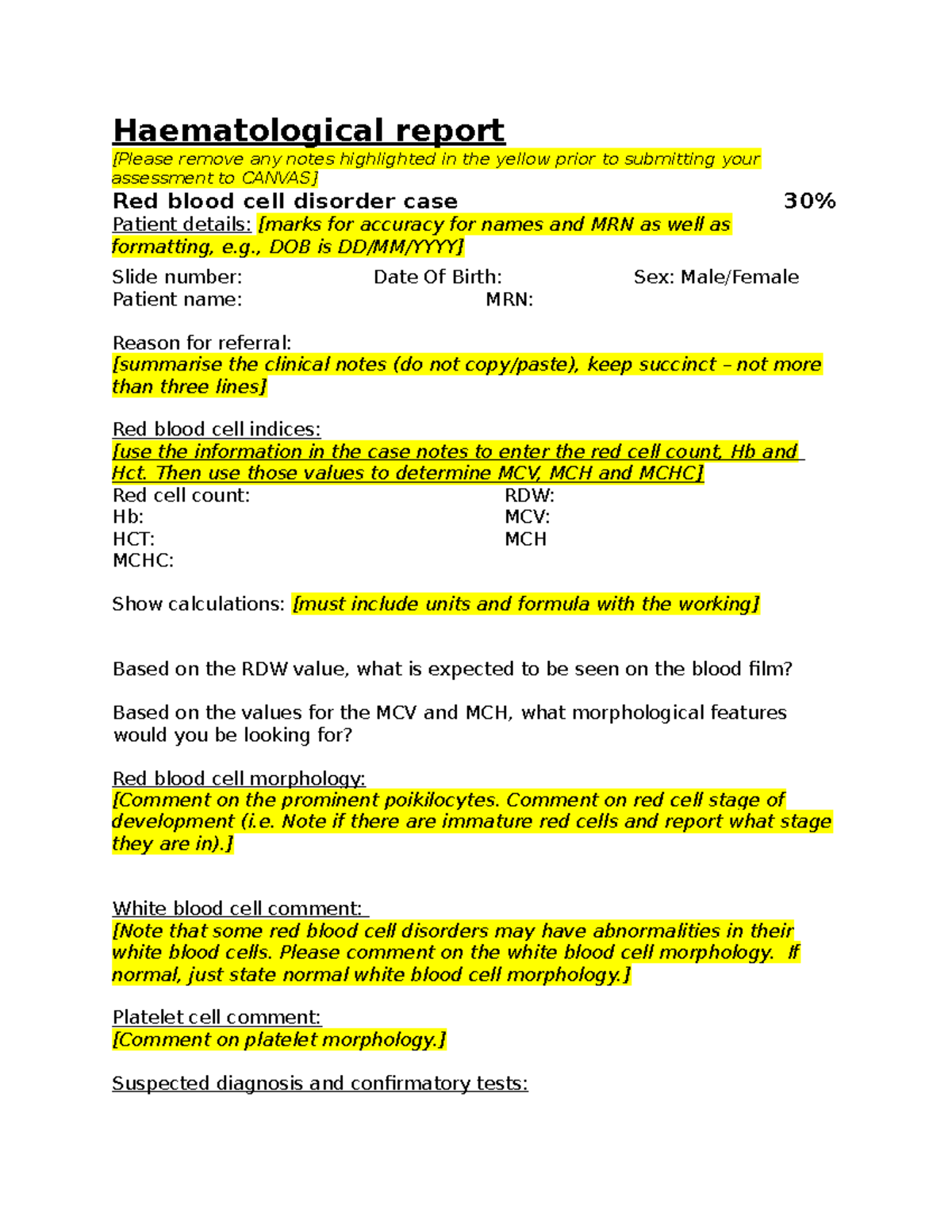Haematological Report Template Part 1: RBCs, WBCs & Platelets Analysis ...
