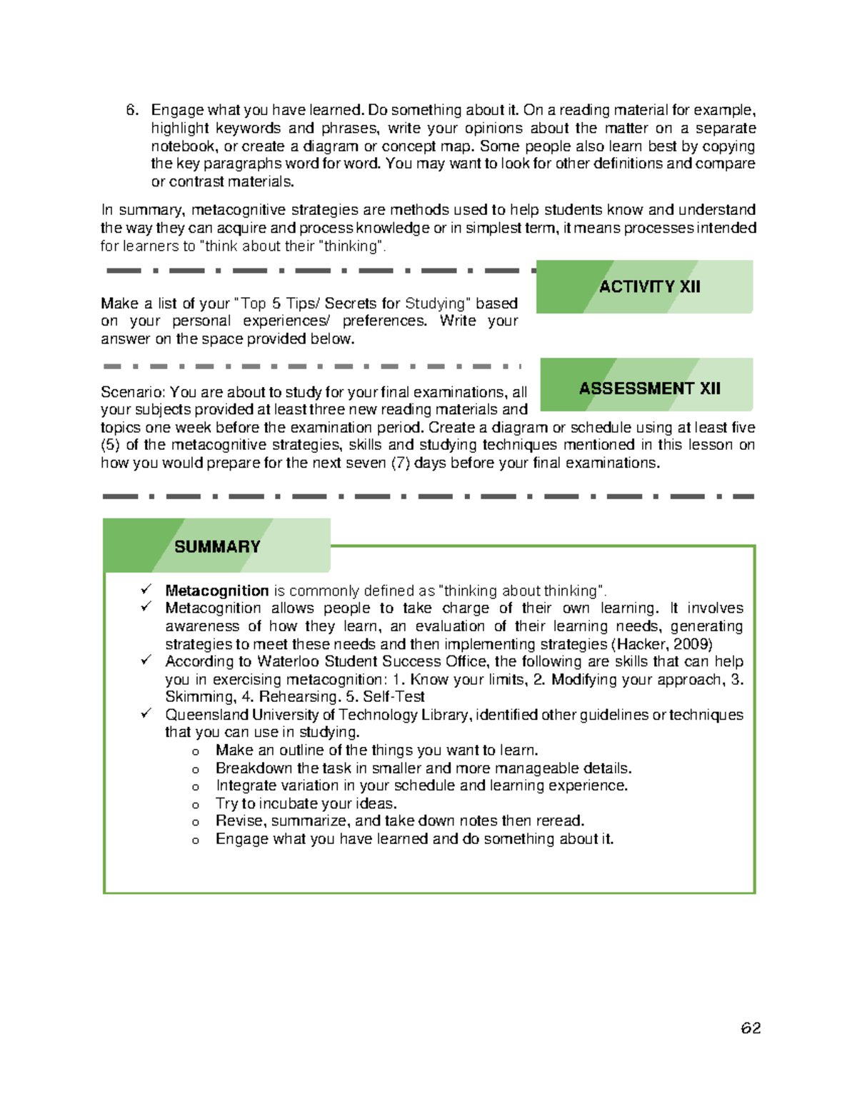 UTS Instructional Material: Metacognitive Strategies for Final Exam ...