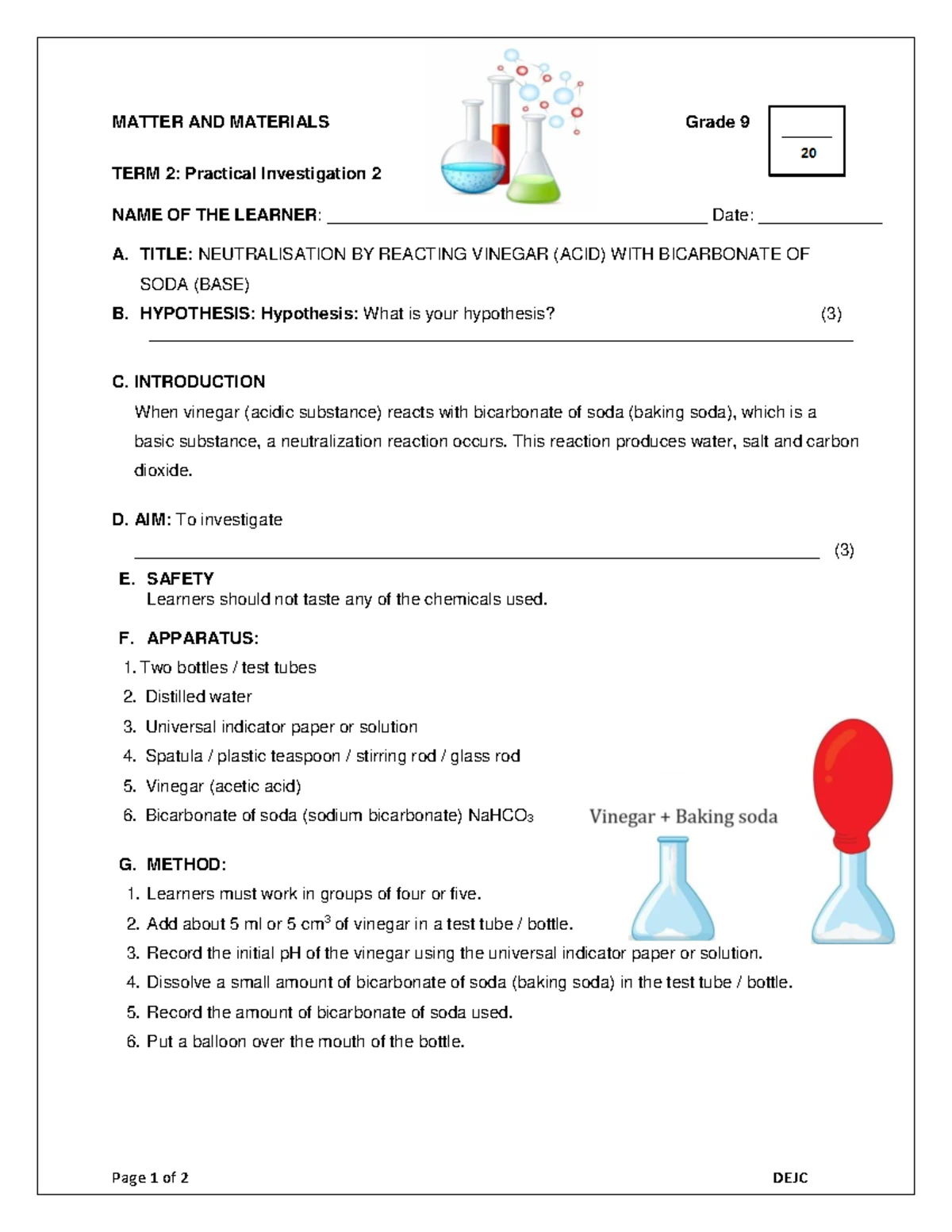 Grade 9 Term 2 Practical Investigation: Neutralisation Reaction Guide ...