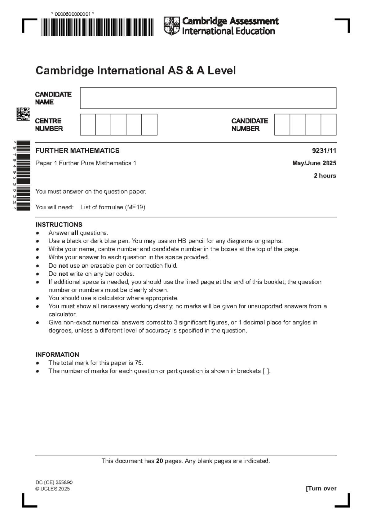 Cambridge International AS A Level 9231/25 Further Mathematics Paper 1 ...
