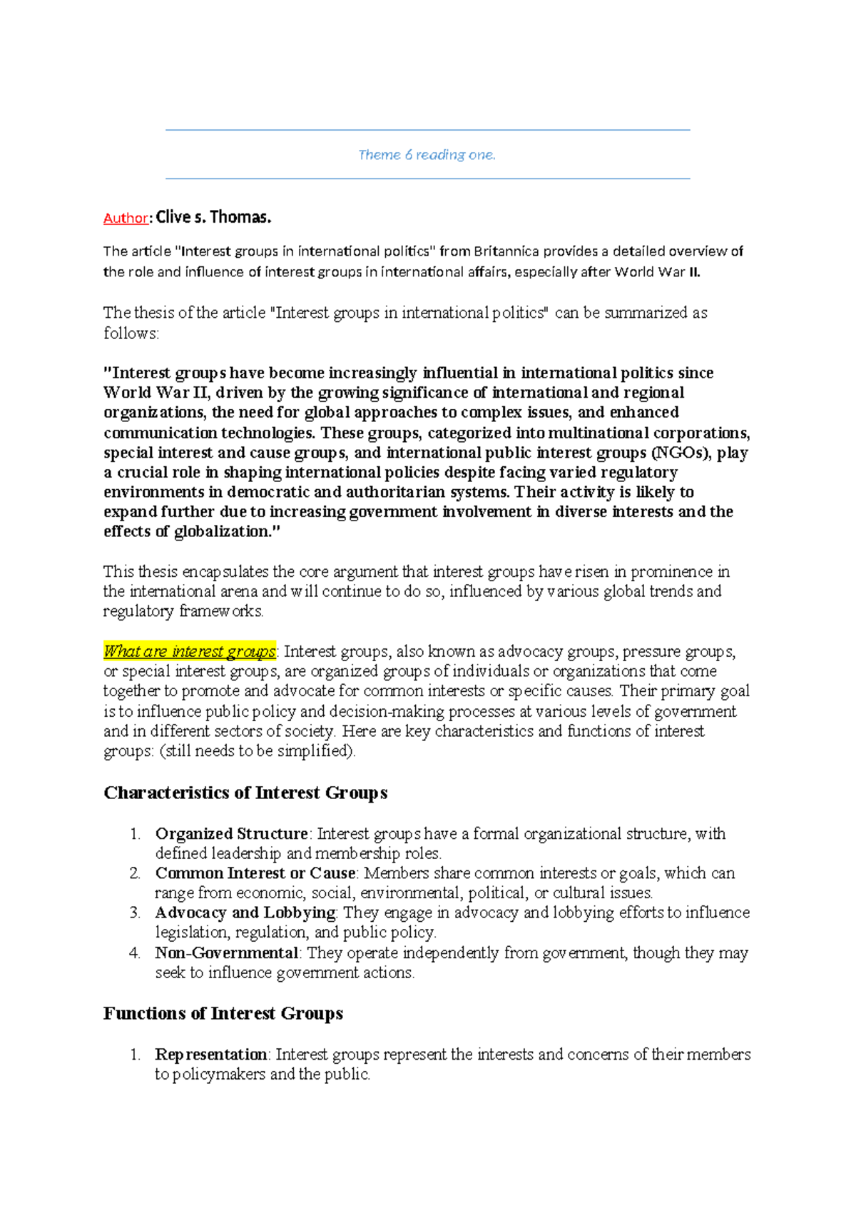Theme 6 Reading One: Interest Groups in International Politics Analysis ...