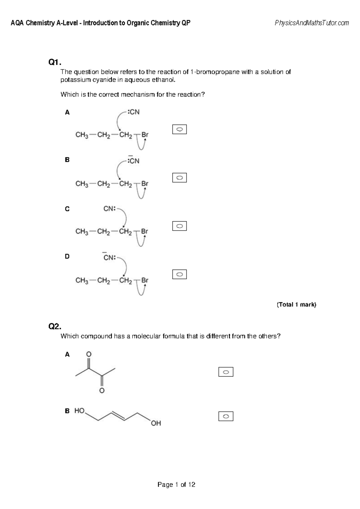 AQA Chemistry Introduction to Organic Chemistry QP Exam Questions - Studocu