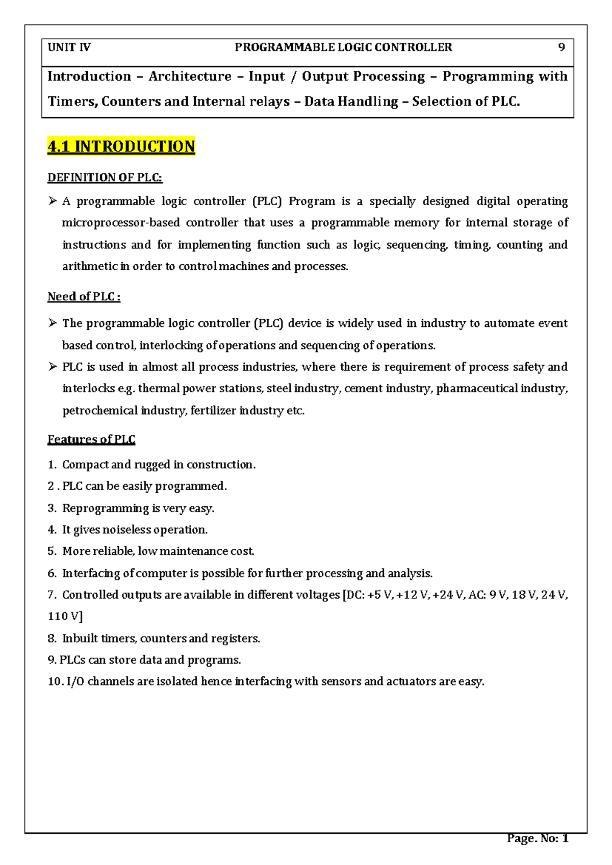Mechat - UNIT IV Final Exam Notes on Programmable Logic Controllers ...