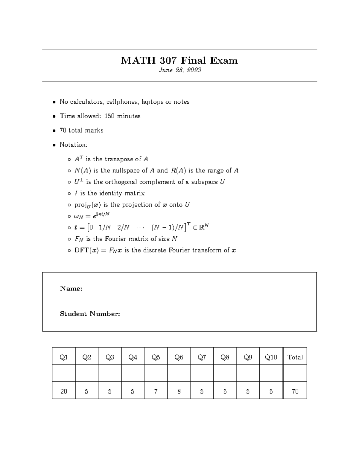 MATH 307 Final Exam June 28, 2023 - No Calculators or Notes - Studocu
