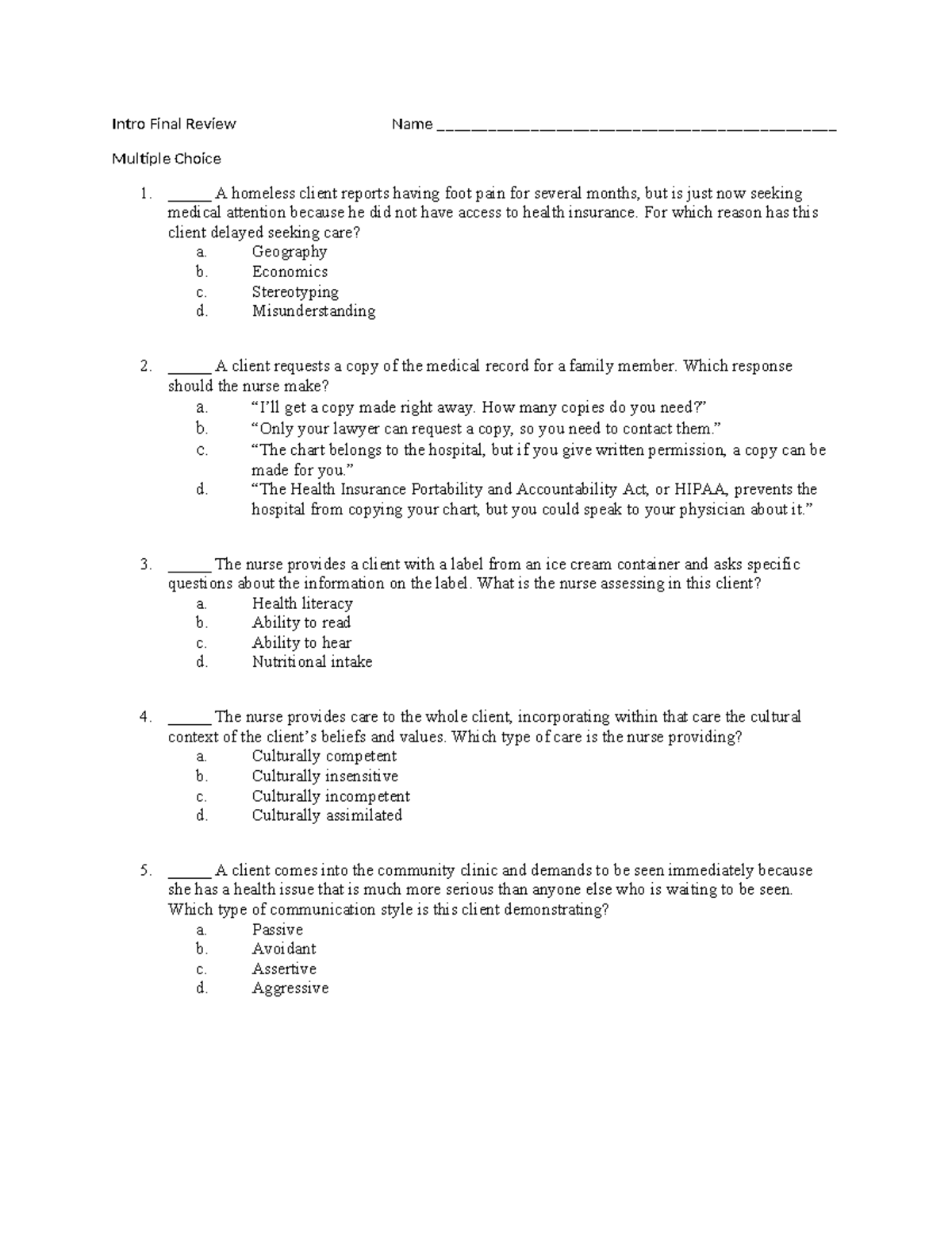 Intro to Nursing Final Exam Review - Multiple Choice Questions - Studocu