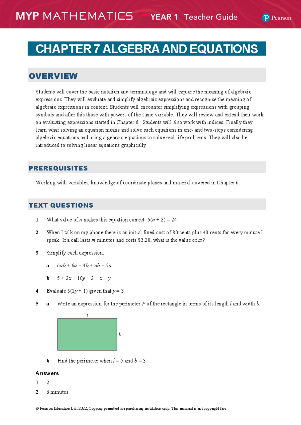 MYP maths teacher guide year1 chapter 7 sample - CHAPTER 7 ALGEBRA AND ...