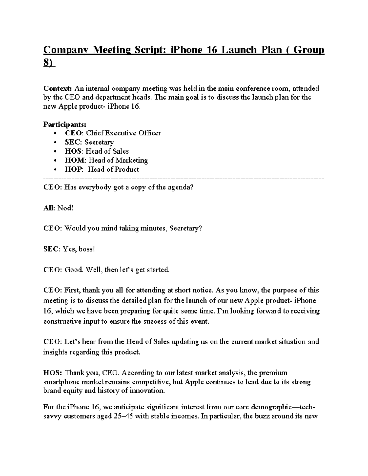 iPhone 16 Launch Plan Meeting Script (Group 8) - Studocu