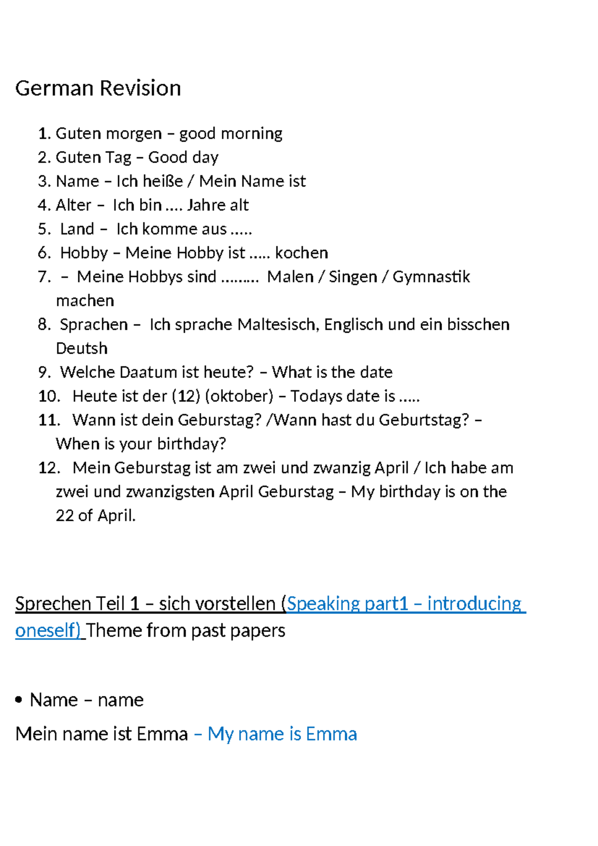 German Revision Notes for A1 Level (Course Code: GER101) - Studocu