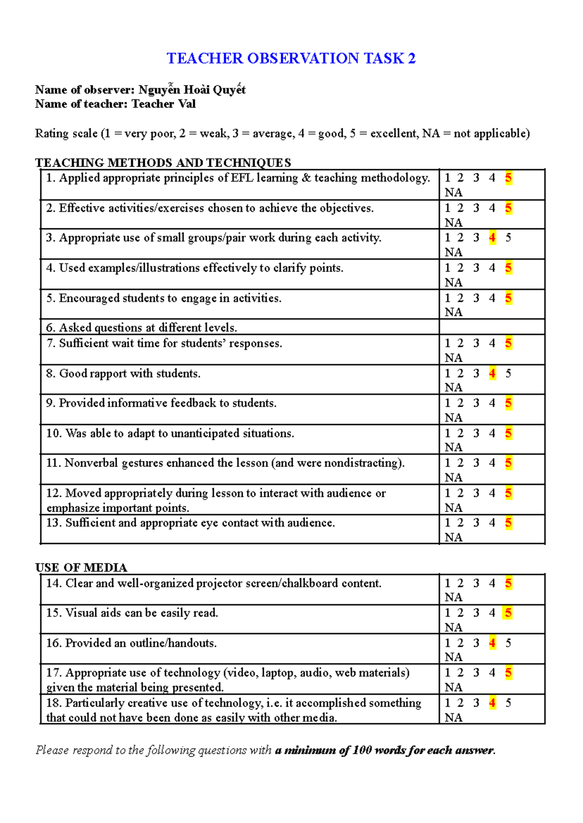 EFL Teacher Observation Task 2: Insights on Methods & Media - Studocu