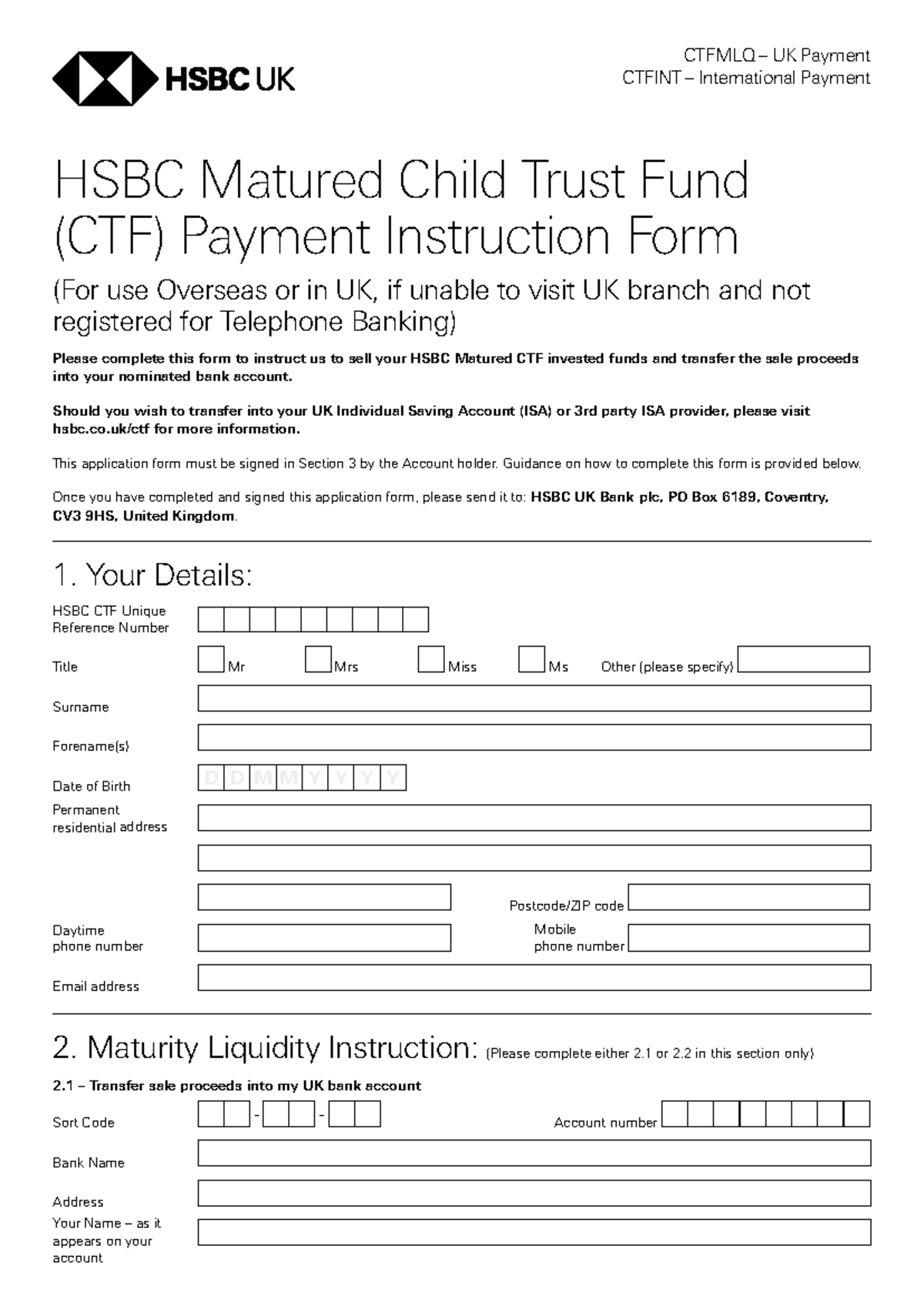 Matured child trust fund payment instruction form - Document Preview
