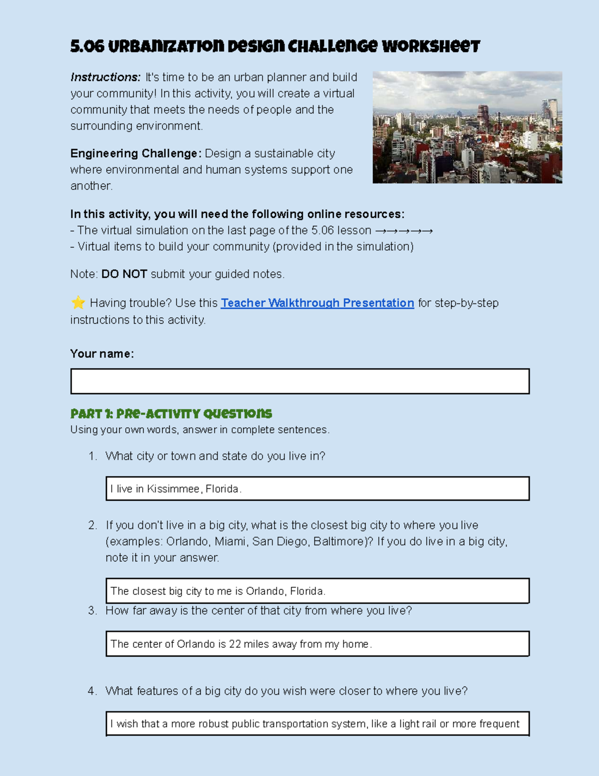 5.06 Urbanization Design Challenge: Sustainable City Planning Worksheet ...