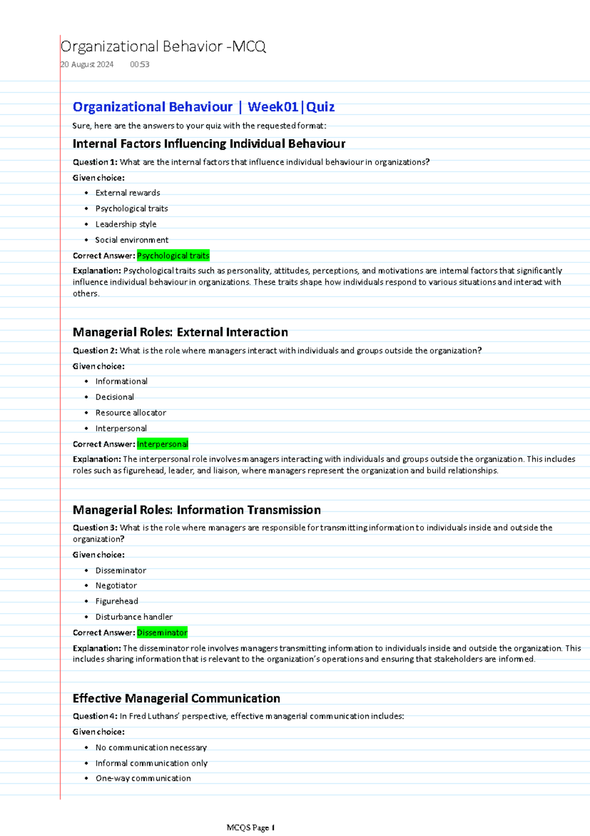 Organizational Behavior MCQ Quiz - Comprehensive Study Guide - Studocu