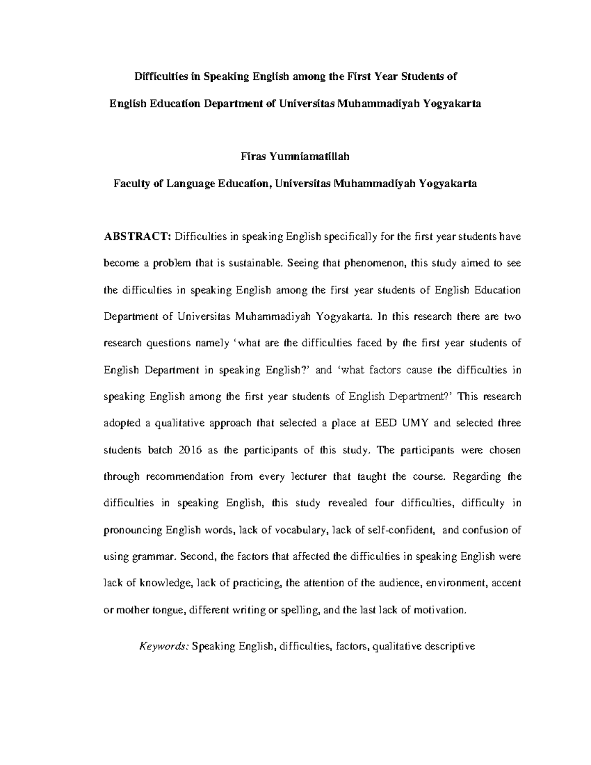 Difficulties in Speaking English: A Study of First-Year EED Students at ...