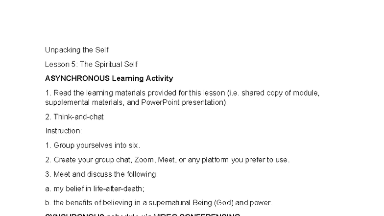 Spiritual Self: Lesson 5 ASYNCHRONOUS Learning Activity Guide - Studocu