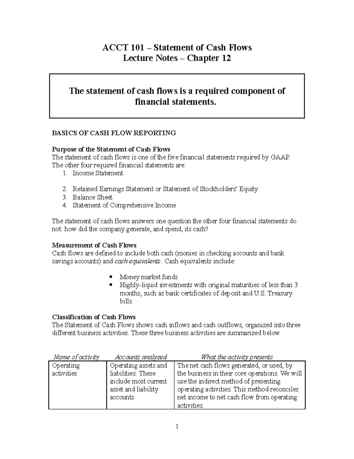 ACCT 101: Lecture Notes on Statement of Cash Flows Overview - Studocu