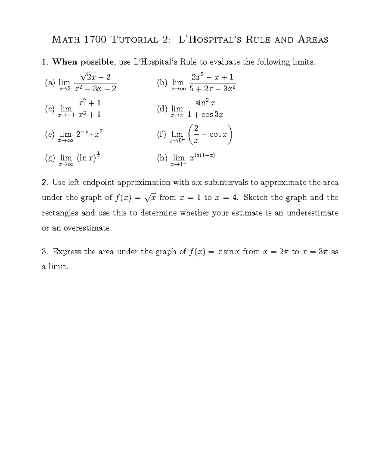 1700tutorial-2 - lab 2 - Math 1700 Tutorial 2: L’Hospital’s Rule and ...