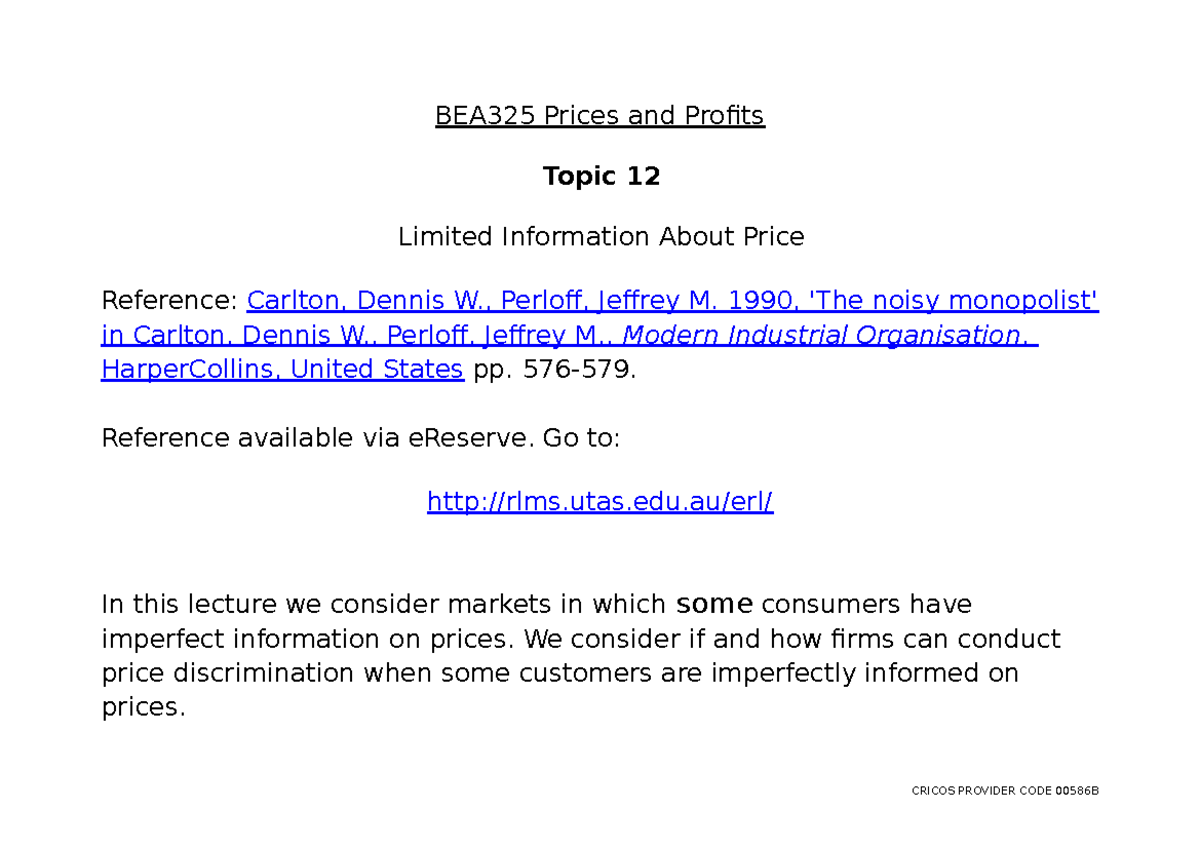 Topic 12 - Lecture note 12 - BEA325 Prices and Profits Topic 12 Limited ...