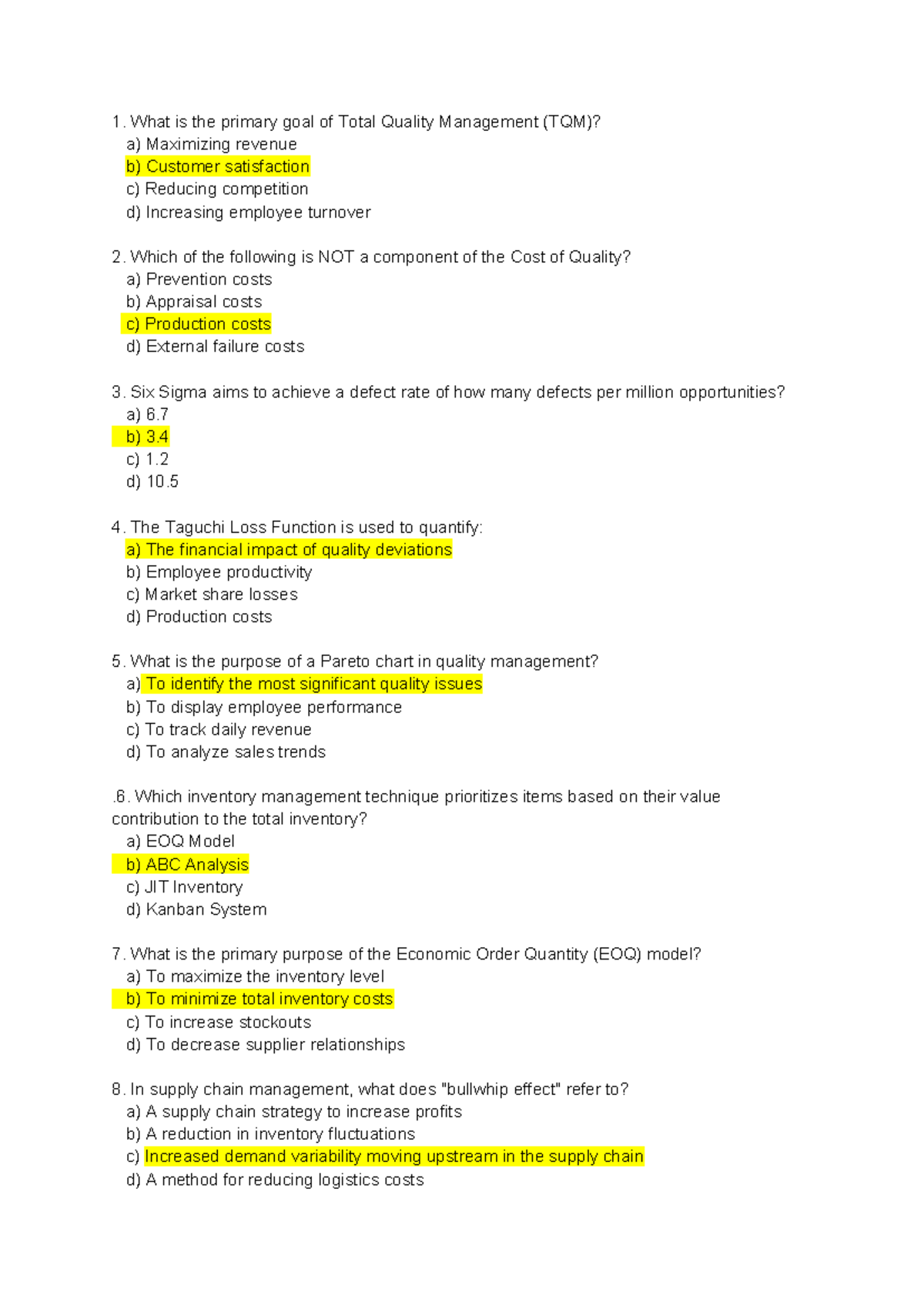 GMS401 - Practice Test 2: Total Quality Management & Supply Chain ...