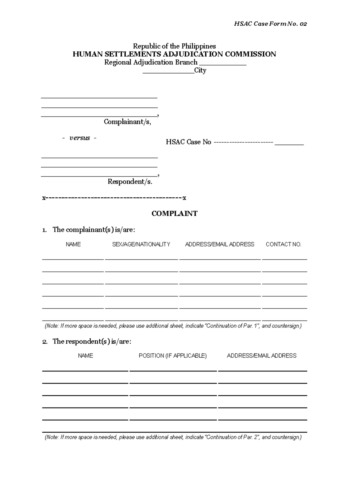 HSAC Case Form No. 02 - HOA Complaint Documentation - Studocu