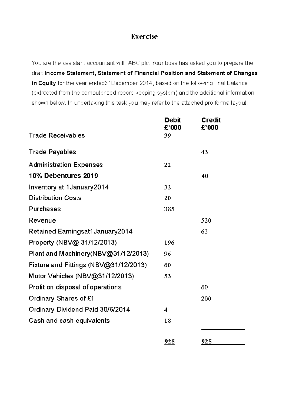 Exercise for Financial Statements - Exercise You are the assistant ...