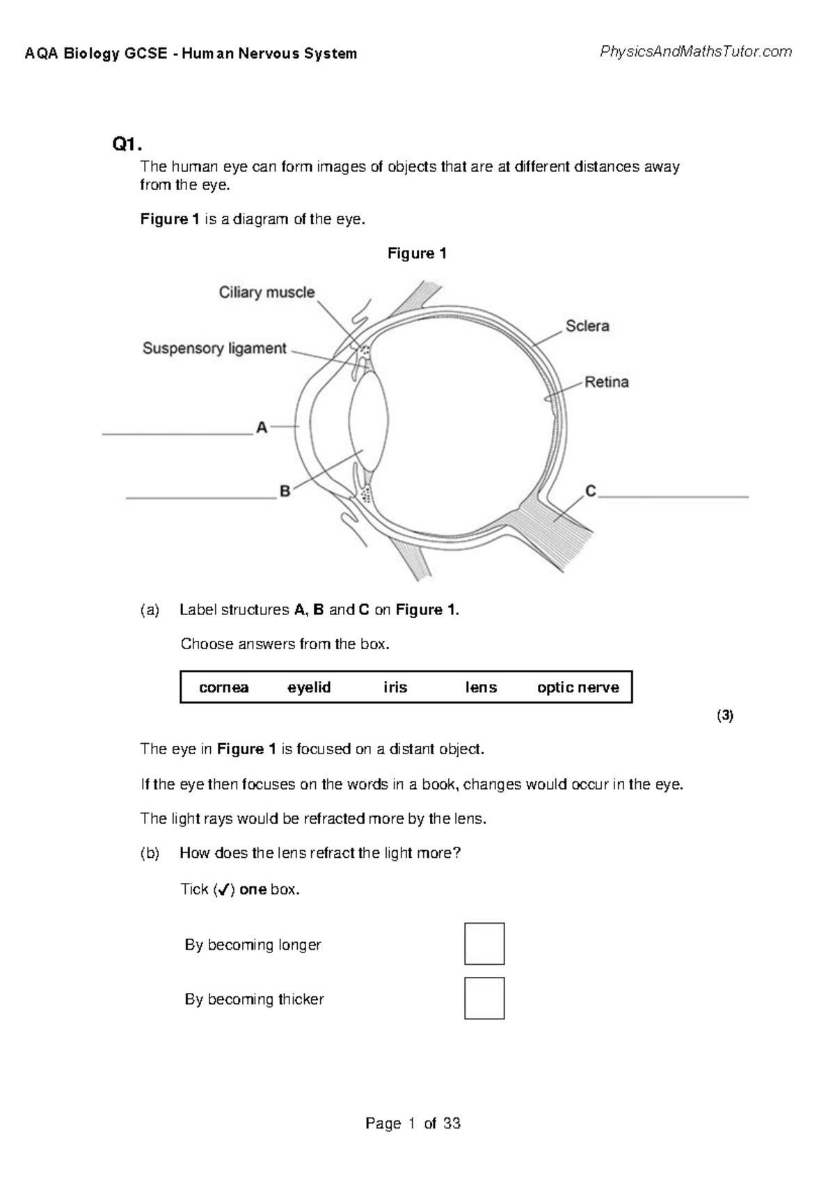 AQA Biology GCSE Human Nervous System Exam Questions and Answers - Studocu