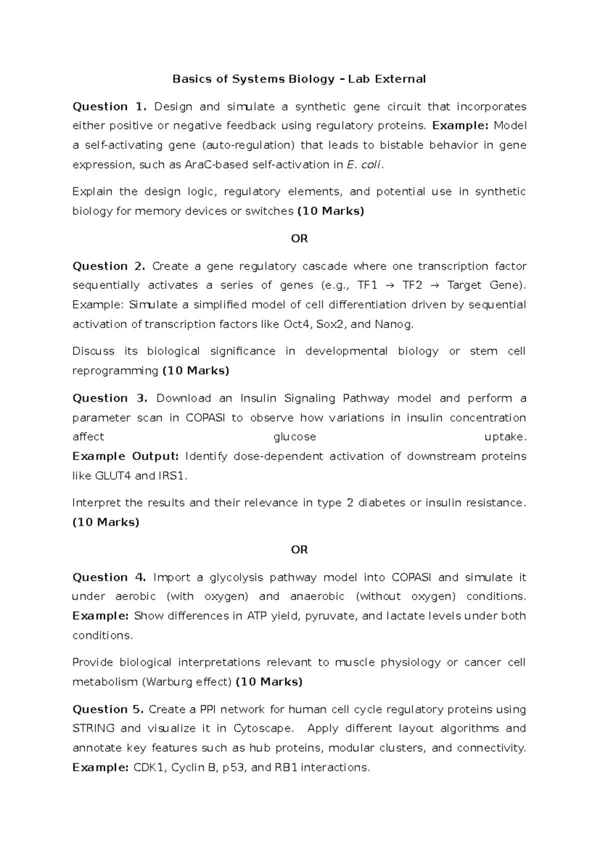 External Lab Exam Question Paper 2 - Basics of Systems Biology – Lab ...
