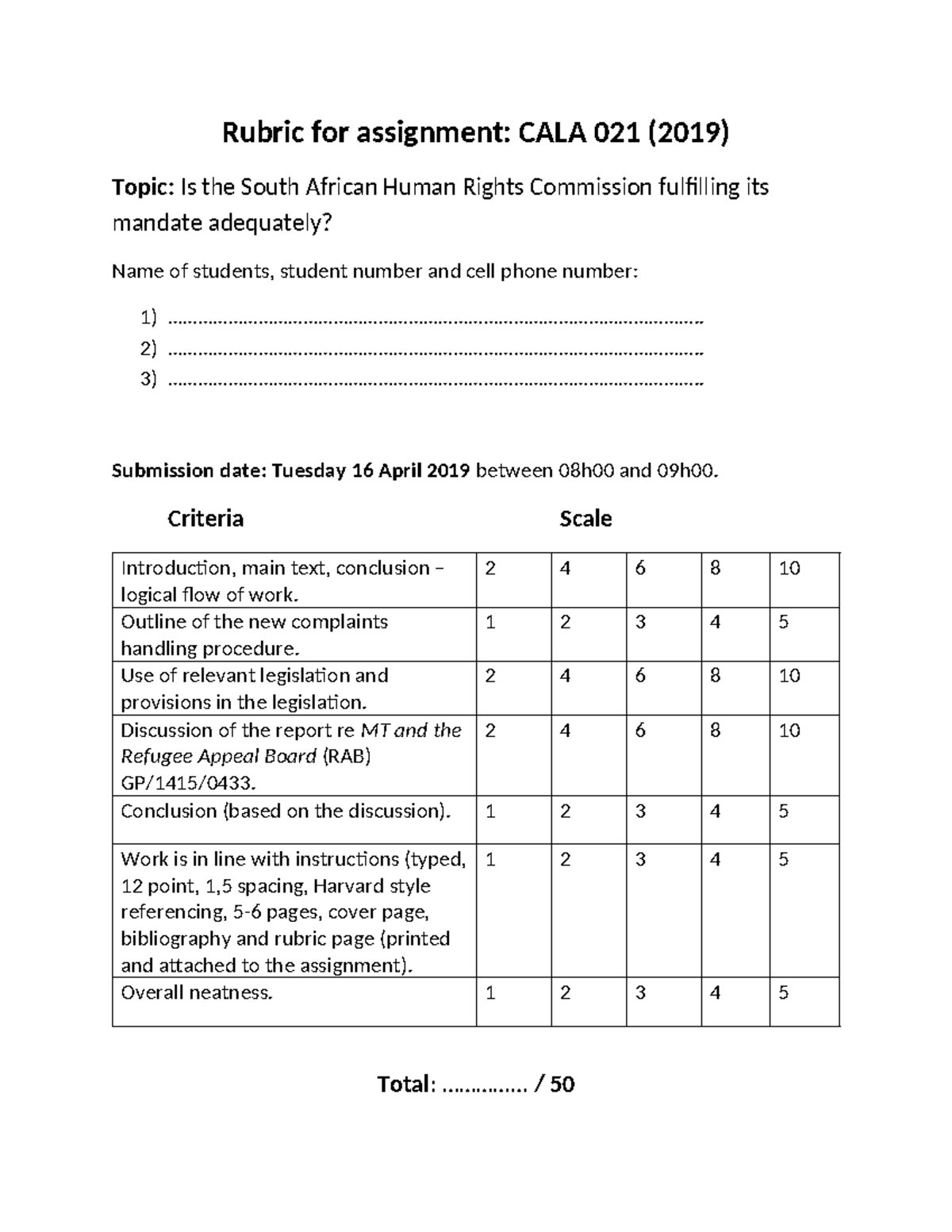 CALA021 Assignment Rubric 2019: Human Rights Commission Analysis - Studocu