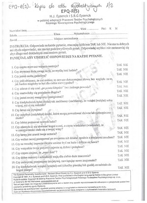 Charakterystyka kwestionariusza epq r em eysenck personality ...