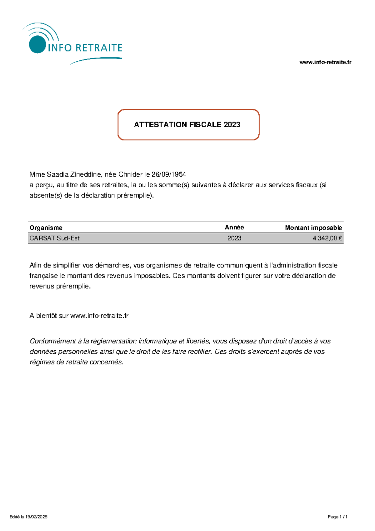 Attestation Fiscale 2023 - Info Retraite - Mme Zineddine - Studocu