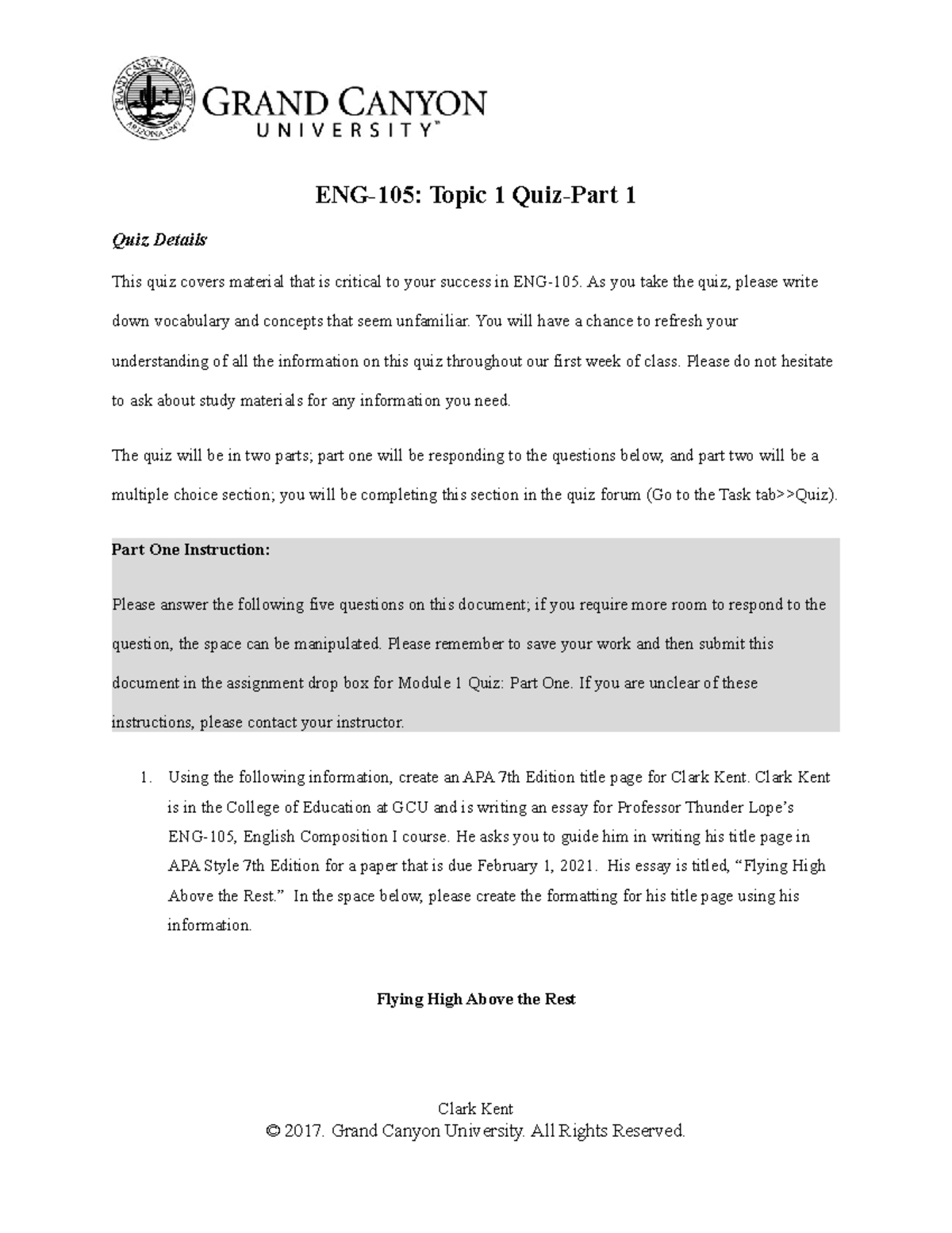 ENG-105 Topic 1 Quiz-Part 1 - ENG-105: Topic 1 Quiz-Part 1