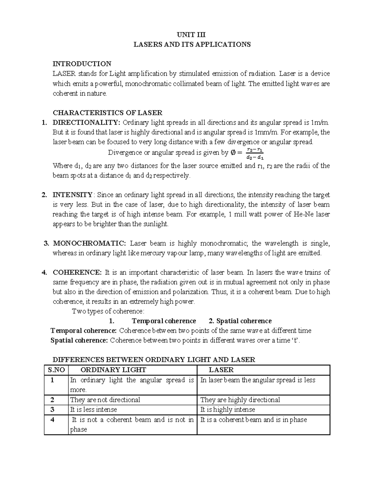 UNIT 3 - Lasers: Characteristics, Types, and Applications - Lecture ...